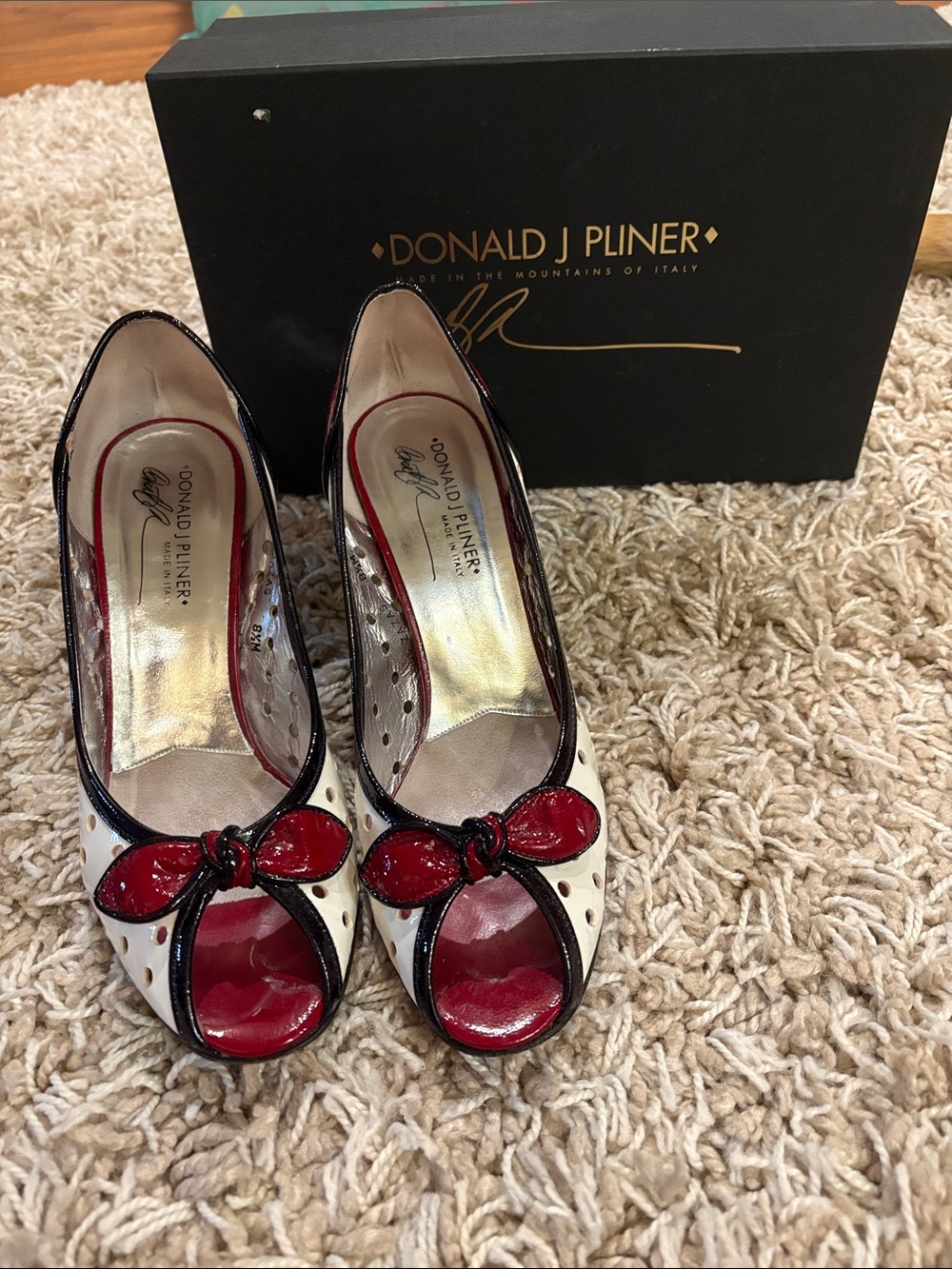 Donald J Pliner Ivory and Red Peep-Toe Bow Pumps